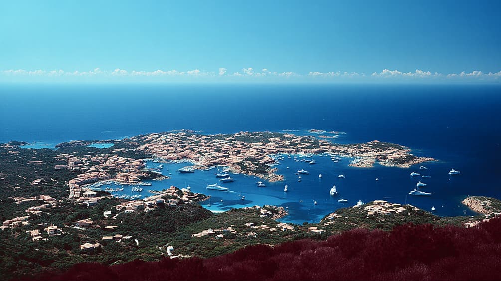 Porto Cervo harbour at dusk with lights reflecting on the water